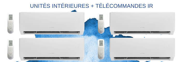 Composition pack quadri-split avec quatre unités intérieures et quatre télécommandes de contrôle infrarouge